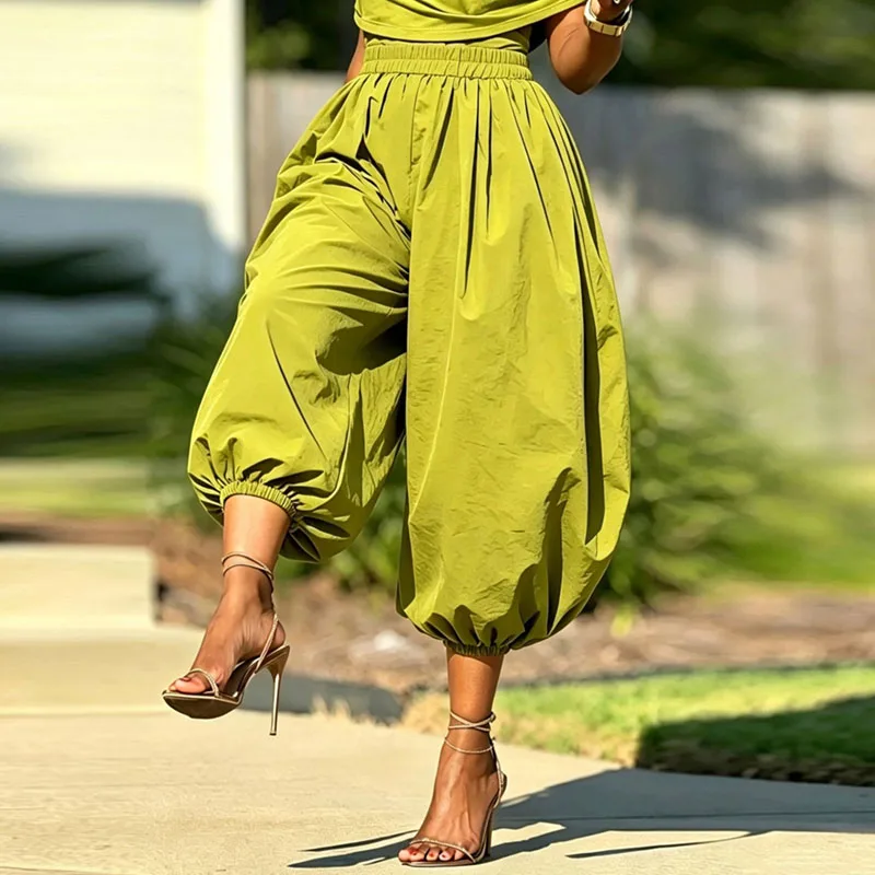 Women Elastic High Waist Harem Pants Solid Pleated Loose Lantern Cropped Trouser Casual Vacation Streetwear Lightweight Culottes