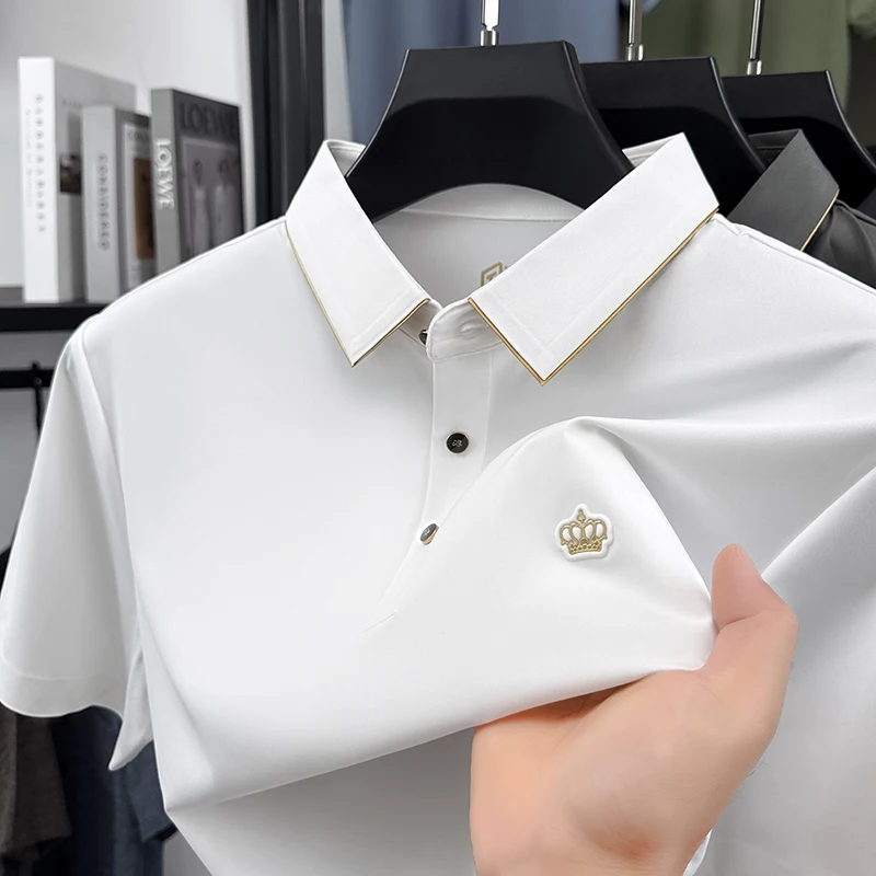 High quality brand short sleeve polo shirt summer fashion cartoon crown decal design solid color men's lapel T-shirt casual top