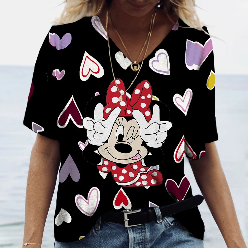 2024 Plus Size Spring/Summer New Mickey Mouse Print Casual Fashion Women\'s V-Neck Short-Sleeved Loose T-Shirt 3XL