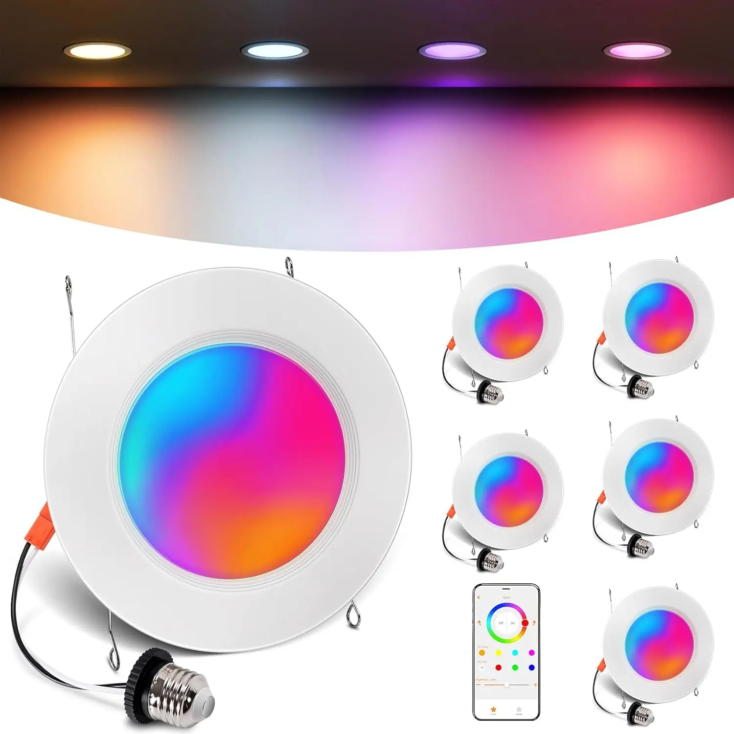 

6 Inch Smart Recessed Lights, RGBCW Color Changing, Alexa Voice Control, Dimmable Downlight 6 Pack