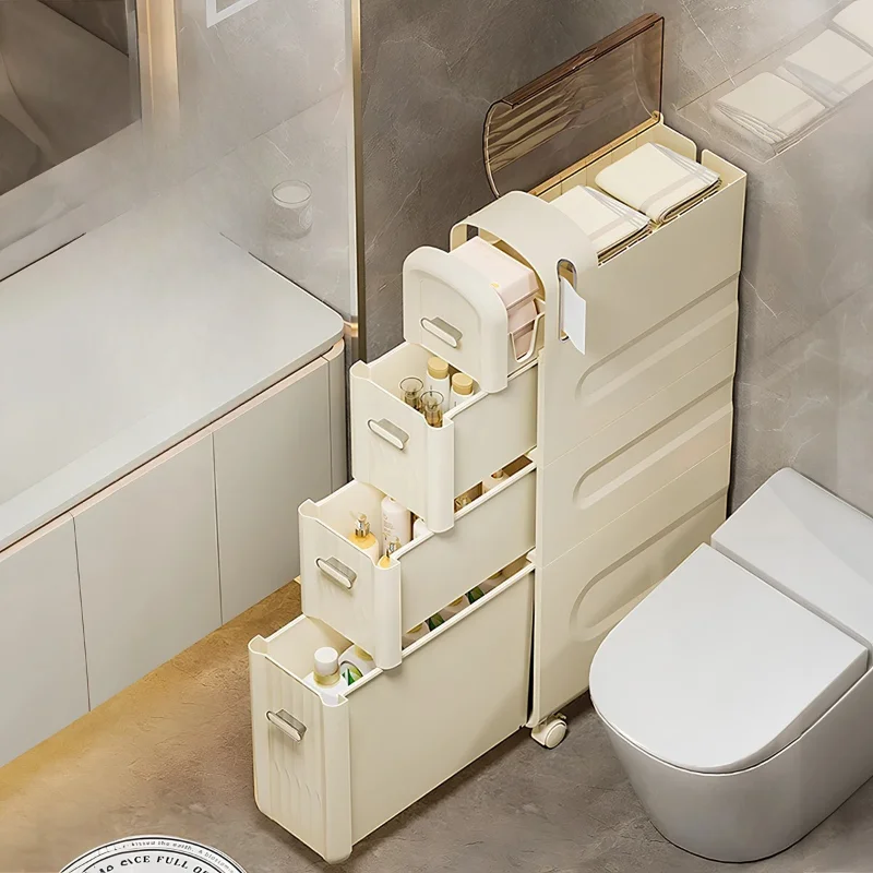 

Toilet Gap Storage Rack, Narrow Drawer-Type Storage Cabinet Next to Toilet, Cream Style Side Paper Storage Box, No-Installati