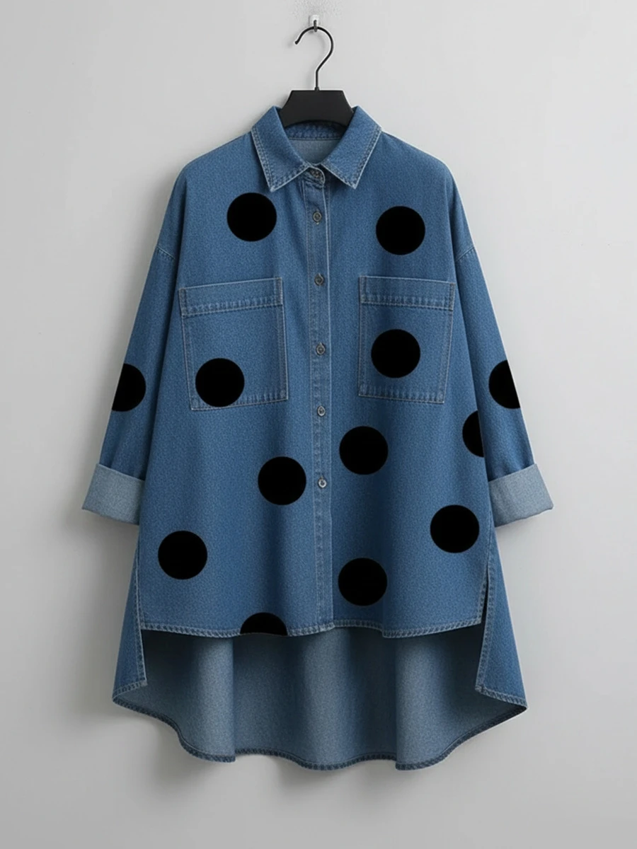 

2026 Spring Fashion Dot Print Long Sleeve Loose Denim Shirt Collar Open Cardigan Top for Women Commute Style Tagkita