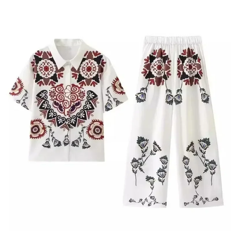 طقم بنطال مطبوع بأكمام قصيرة للنساء ، نمط عطلة مشهور ، كاجوال وعصري ، زر