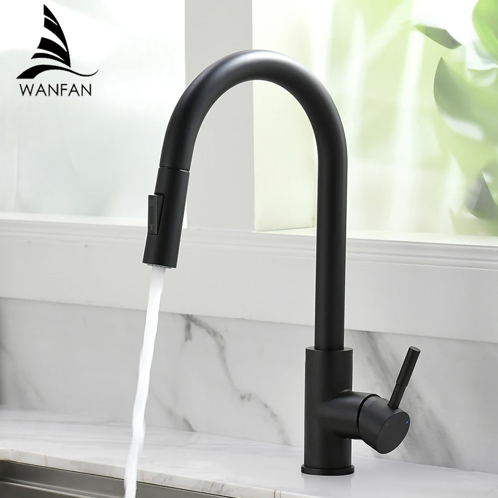 G1/2 Black Kitchen Faucet Flexible Pull Out Nozzle Hot Cold Water Mixer Tap Deck Mounted Sprayer and Stream SUS 304 Faucets
