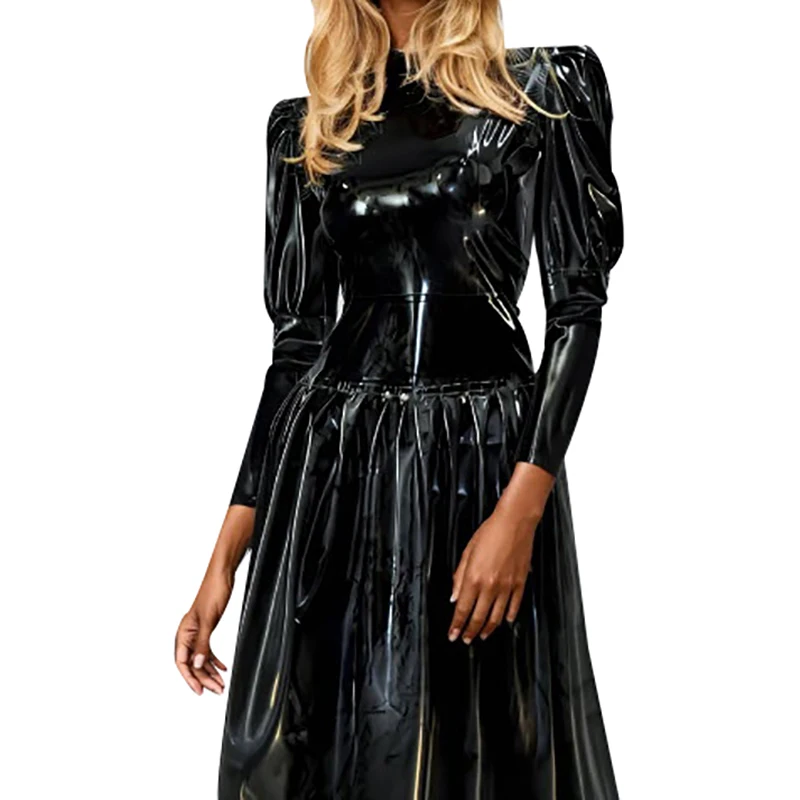 

Black Sexy Long Latex Evening Ball Gown Juliet Sleeves Long Rubber Bouffant Vintage Swing Dresses Maid Unifrom LYQ-0381