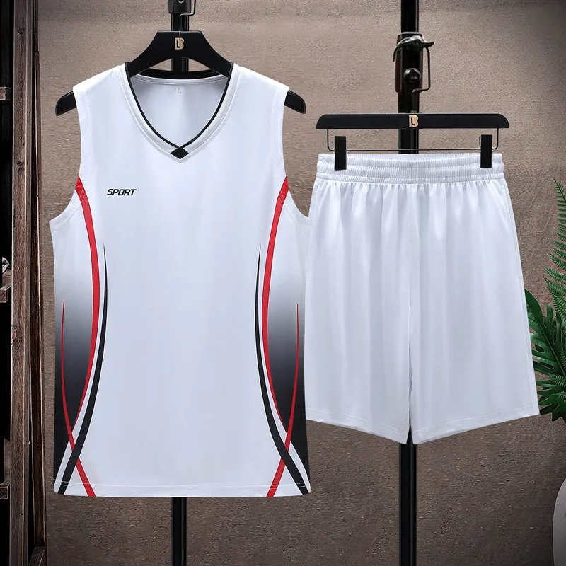 2 Pcs/Set Basketball Uniform Men Breathable Short Sleeve Ice Silk T-Shirt Quick Drying Clothes Basketball Sports Suit Summer Ves