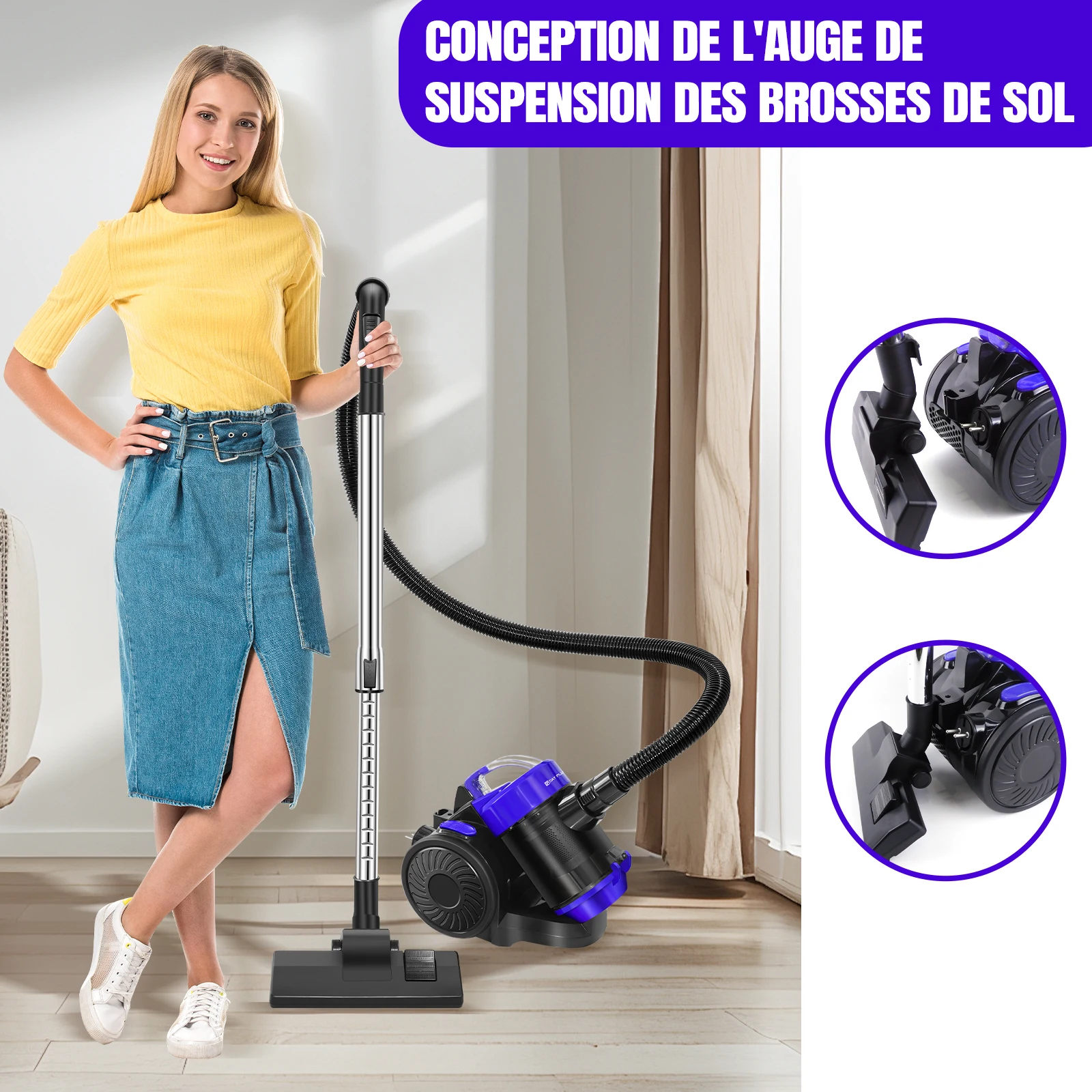 Aspirateur cylindrique sans sac 3-en-1, 3800W haute puissance pour voiture et maison, avec filtre HEPA, capacité de 1,5L, câble extra-long pour tapis et sols durs