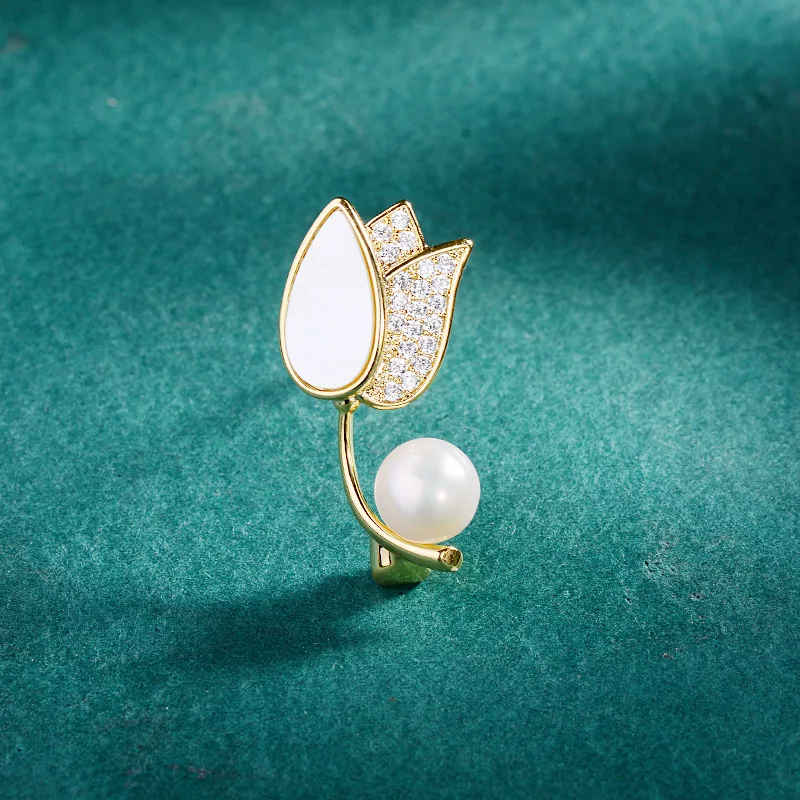 Chinese Style Lucky Auspicious Freshwater Pearl Mother Of Pearl Tulip Brooch Sparkling Zircon Elegant Collar Pin For Daily Wear