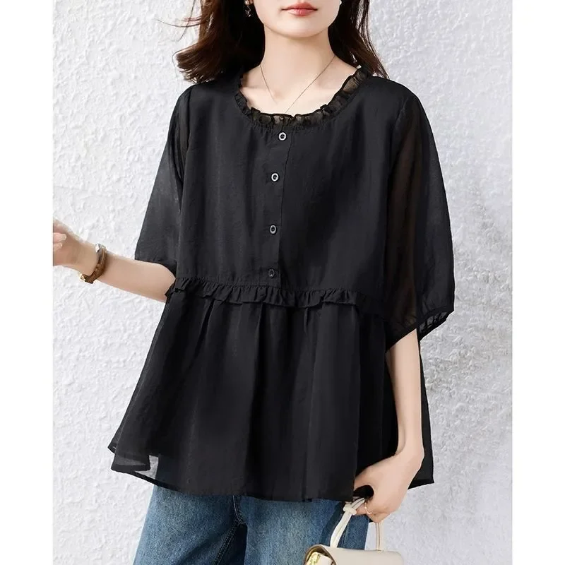 Women's Elegant Round Neck Patchwork Ruffle Blouse Summer New Fashion Black Short Sleeve Loose Top
