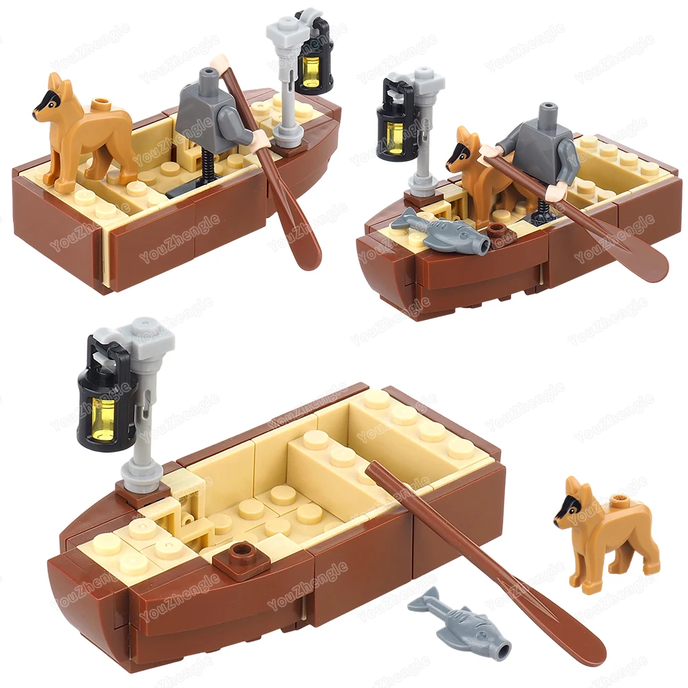 Bloc de construction de bateau en bois à rame unique, figurines MOC, lanterne de pêche pour chien de compagnie, équipement de scène assortie, modèle de lieu, jouet cadeau