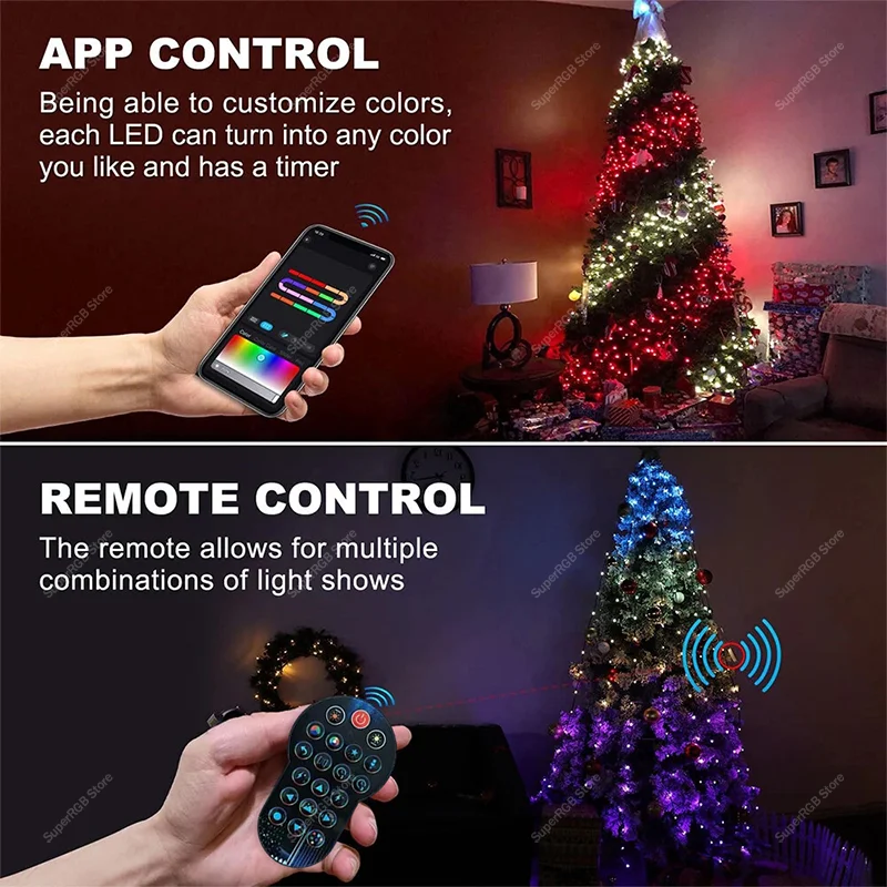 أضواء شجرة عيد الميلاد الذكية 400 المصابيح بلوتوث App التحكم RGB DIY اتبع الموسيقى إيقاع الجنية سلسلة أضواء لزينة عيد الميلاد