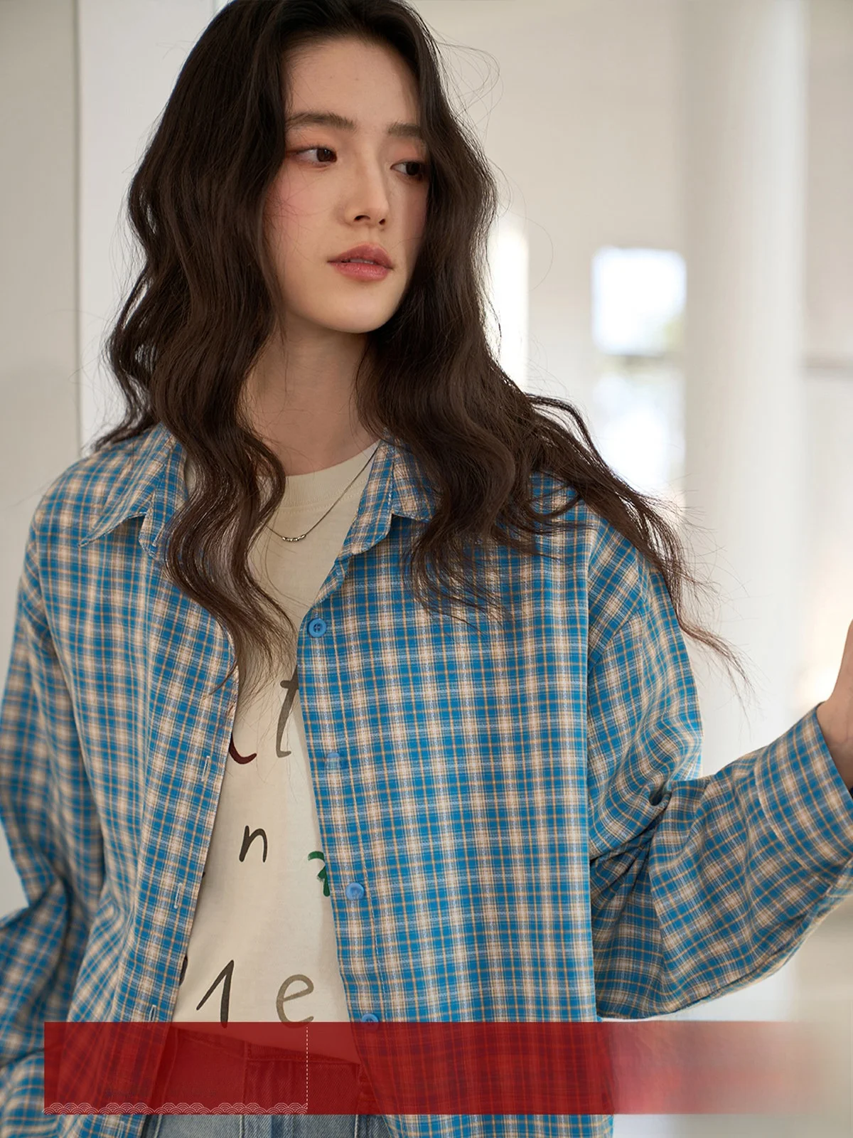 

Blue Plaid Long Sve Loose Fit Women's irt Faionable Turn-down Collar Commute Sle Korean Brand Slimming Lazy Sle