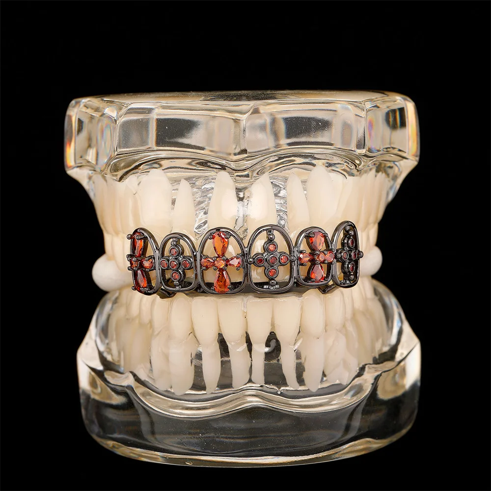 Anztilam Black Grillz Red Zircon Iced Out Grills Tooth Grill Men Women Hip Hop Caps Brass Fashion Jewelry Free Shipping