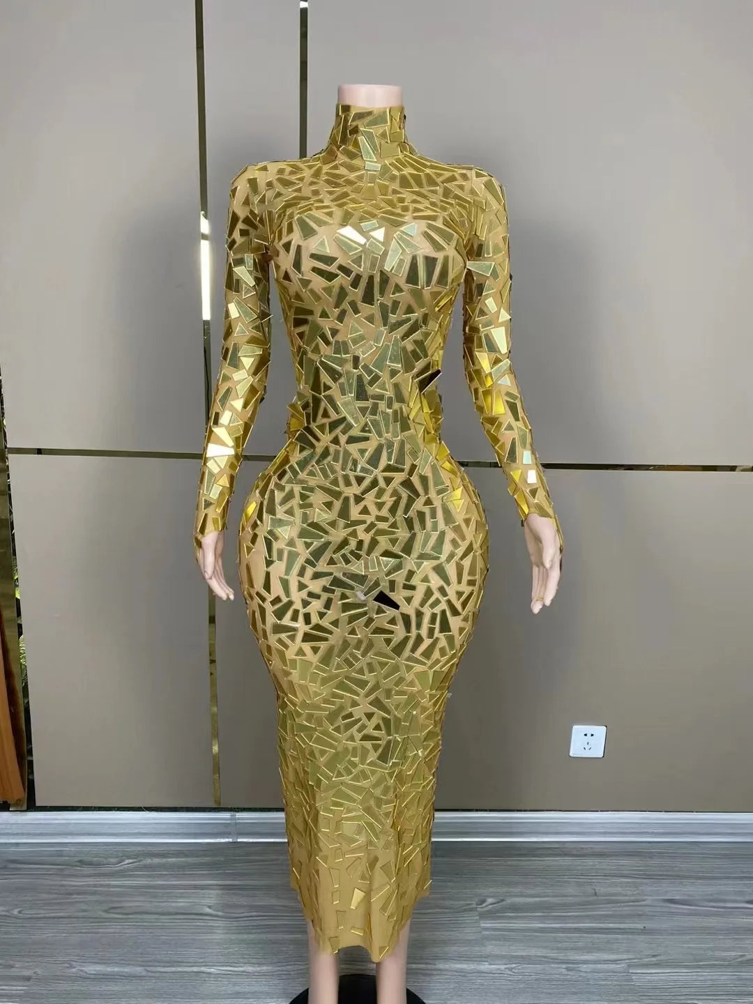 High Collar Gold Luxury Mirror Sequins Sparkly Long Dress For Women Birthday Evening Prom Outfit Flash Occasion Stage Wear