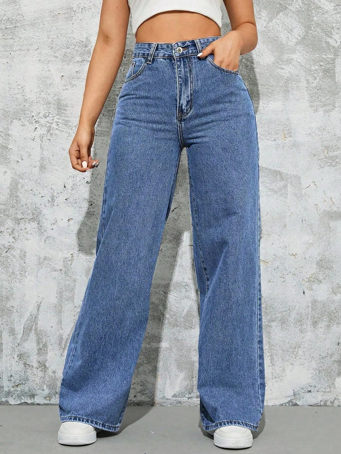 

Spring Women's Clothing Baggy High Waist Slimming Denim Jeans For Woman Vintage Washed Wide Leg Full Length Straight Cut Pants