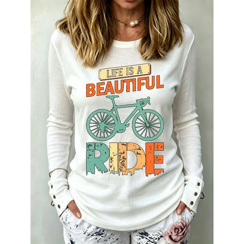 ilstile Women's Ride Bike Print T-Shirts Autumn Long Sleeve Slim Fit T Shirt Casual Round Neck Tops Tees Black New Arrival