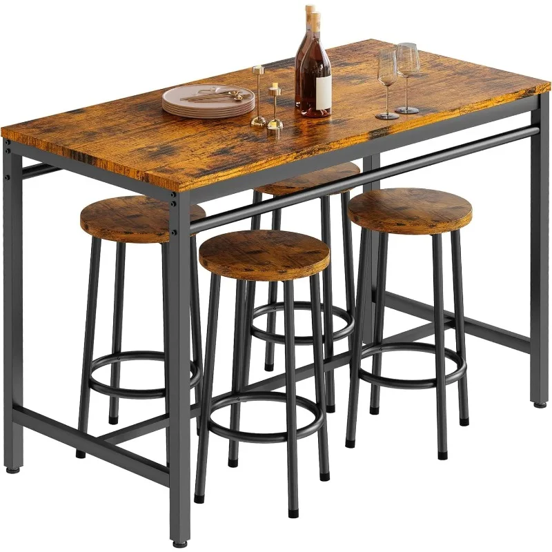 Bar Table Set, Kitchen Table and Chairs for 4, Industrial Counter Height Pub Dining Set with 4 Round Bar Stools Heavy Duty Metal