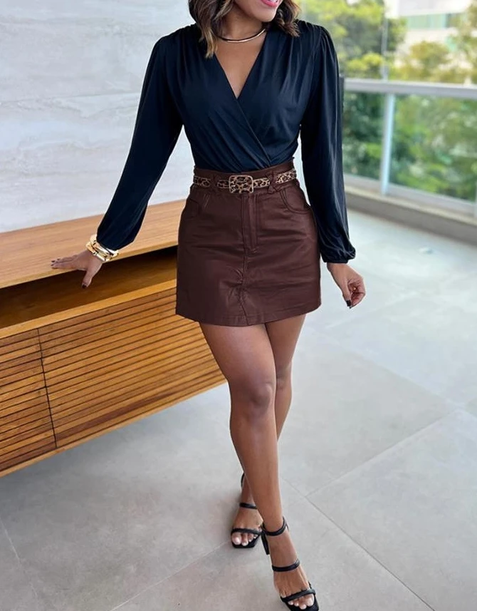 High waisted PU elastic waist Skort casual pocket design shorts for summer 2025 new women's clothing