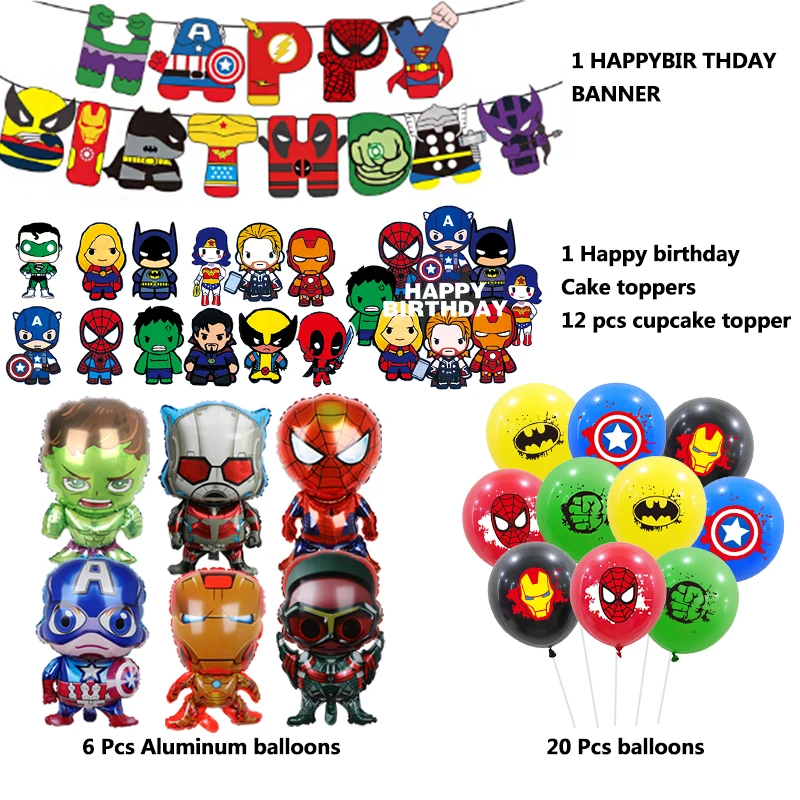 1Set Super Hero Balloons Iron Man Hulk Spiderman Balloon Set Birthday Banner Cake Topper Hero Theme Party Decoration Supplies