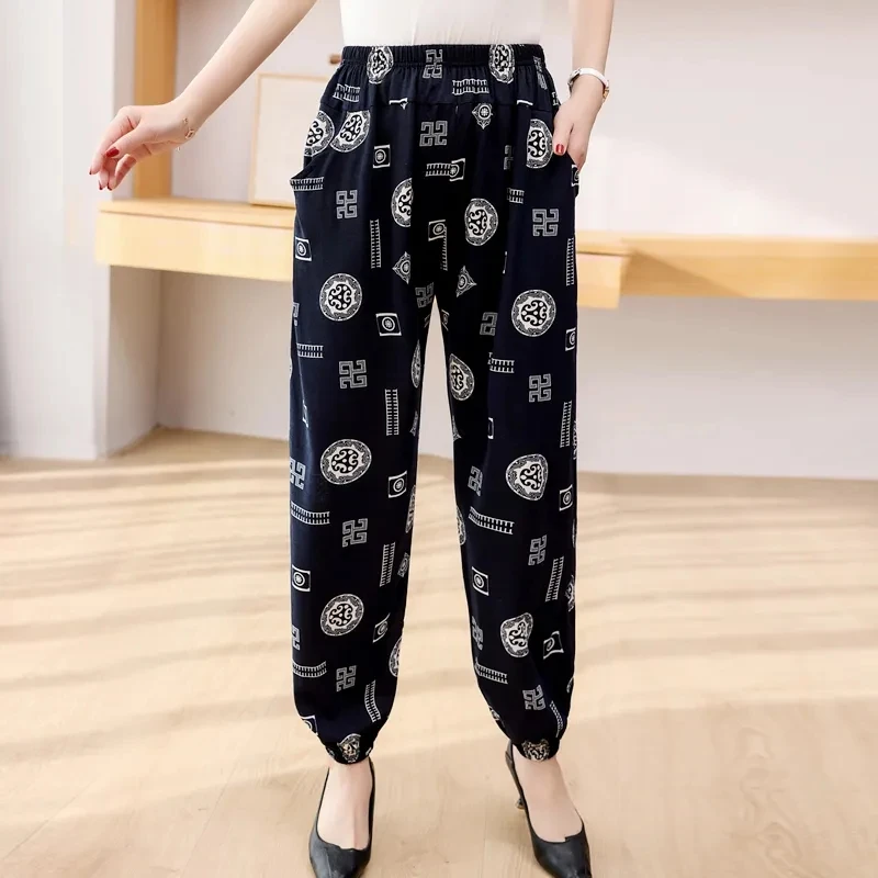 Elegant Mother Spring Summer Thin Pants Fashion Printing Cotton Silk Casual Female Harem Pants Elastic High Waist Women Pantalon