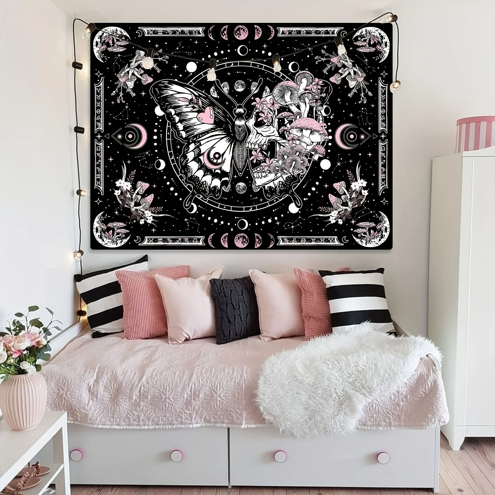 VIKAMA Gothic Bohemian Tapestries With Pink Skulls And Black Butterflies Paired With Mushroom Designs And Dark Floral Wall Decor