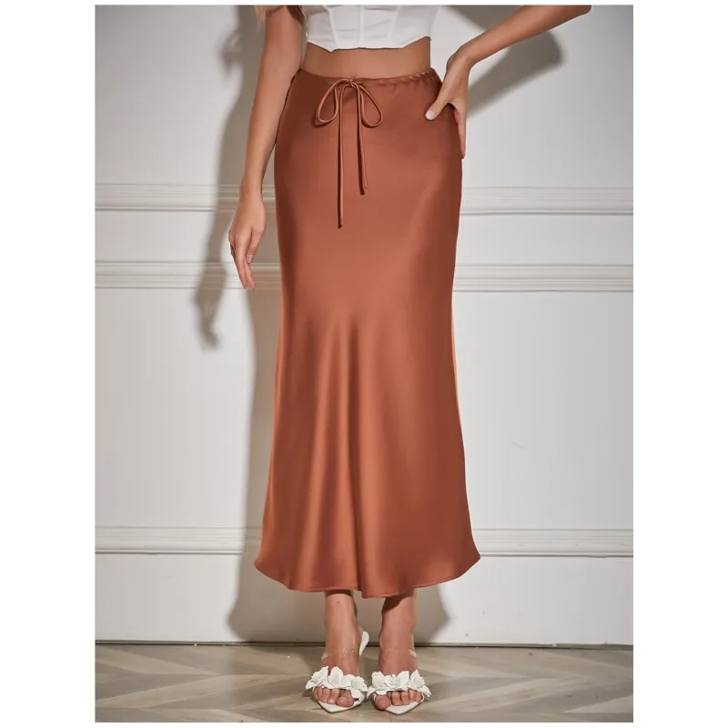 High Quality Satin Long Skirt High-waisted Drawstring Tie Solid Color Skirt For Women