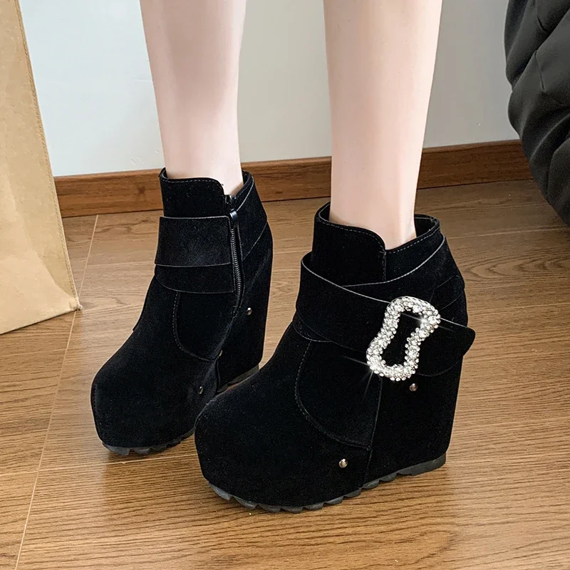 2024 Shoes for Women Ankle Women's Boots Platform Rome Boots Women Crystal Buckle Round Toe Side Zip High Wedges Shoes Female