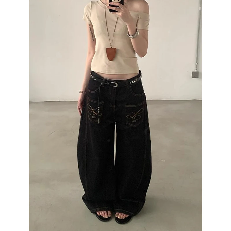 Mulheres vintage bordado preto gótico y2k baggy jeans 2025 outono harajuku estética 2000s denim calças streetwear roupas
