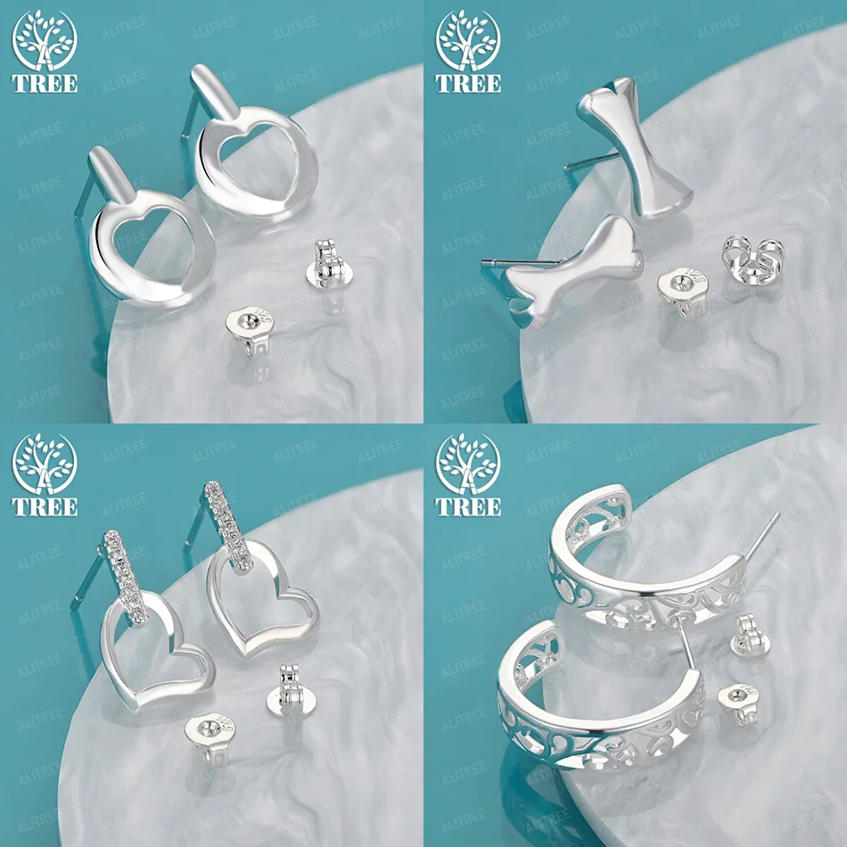 

925 Sterling Silver Heart Bone Half Round Hollow Stud Earring Women Fashion Party Birthday Gift Popular Jewelry Accessories