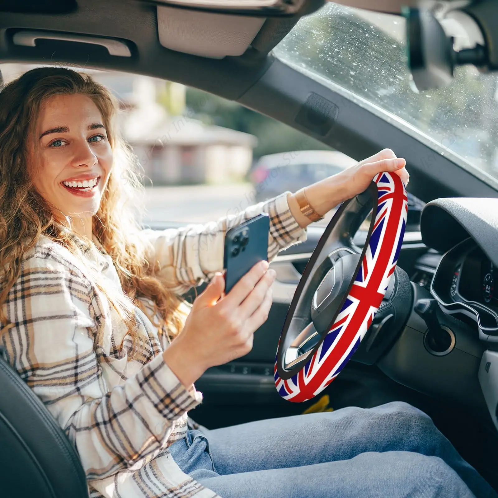 British National Flag Steering Wheel Cover England Blue Red Flag Stripe Universal Steering Wheel Accessories Protective Cover