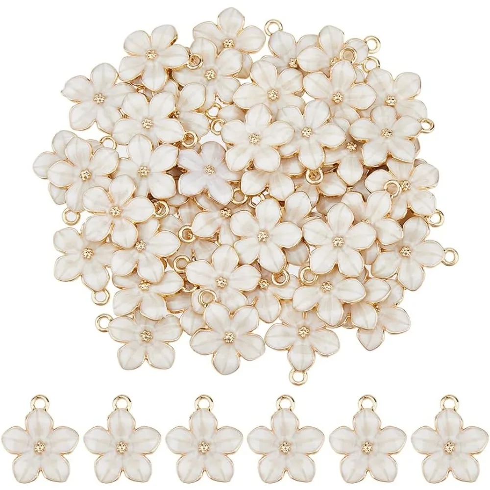 50Pcs Cherry Blossoms Flower Charms Enamel Flower Charms Cute White Flower Charms for Jewelry Making Bracelet Necklace Earrings