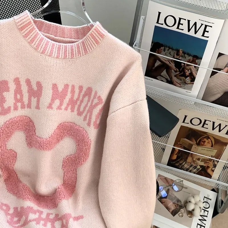 2023 Autumn Winter New Korea Fashion Women Long Sleeve Loose O-neck Pullover All-matched Casual Letter Thick Sweater P334