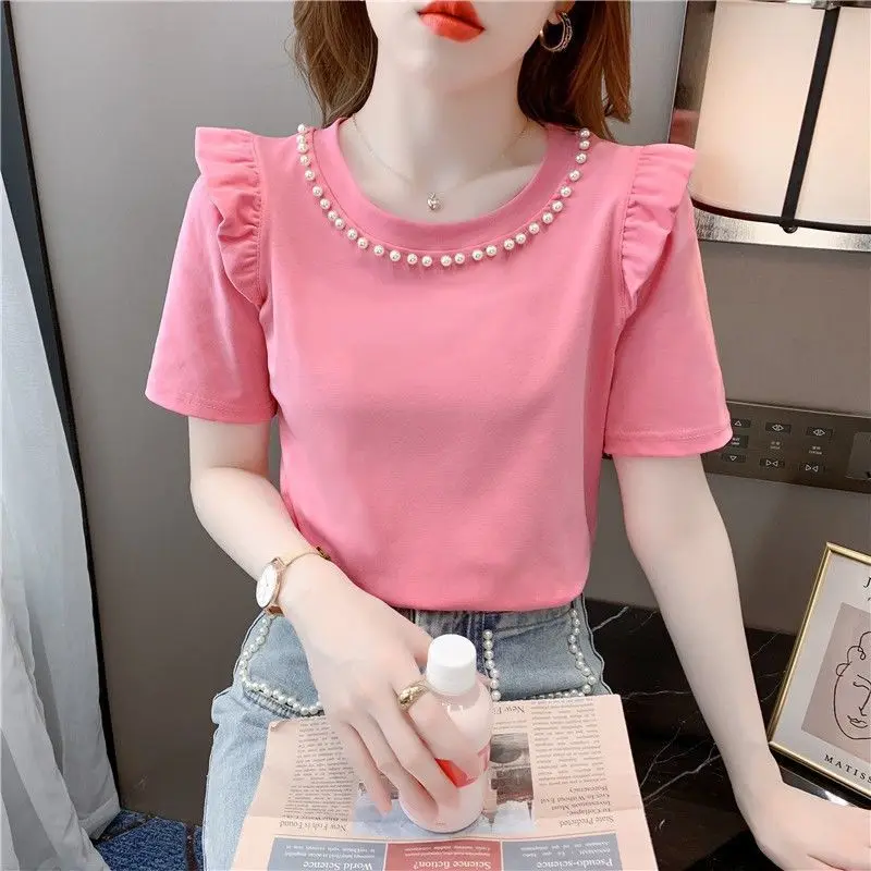 Sweet Lotus Leaf Short Sleeved T-shirt for Summer Fashion Nail Bead Round Neck Slim Fit Versatile Top Western-style Shirt