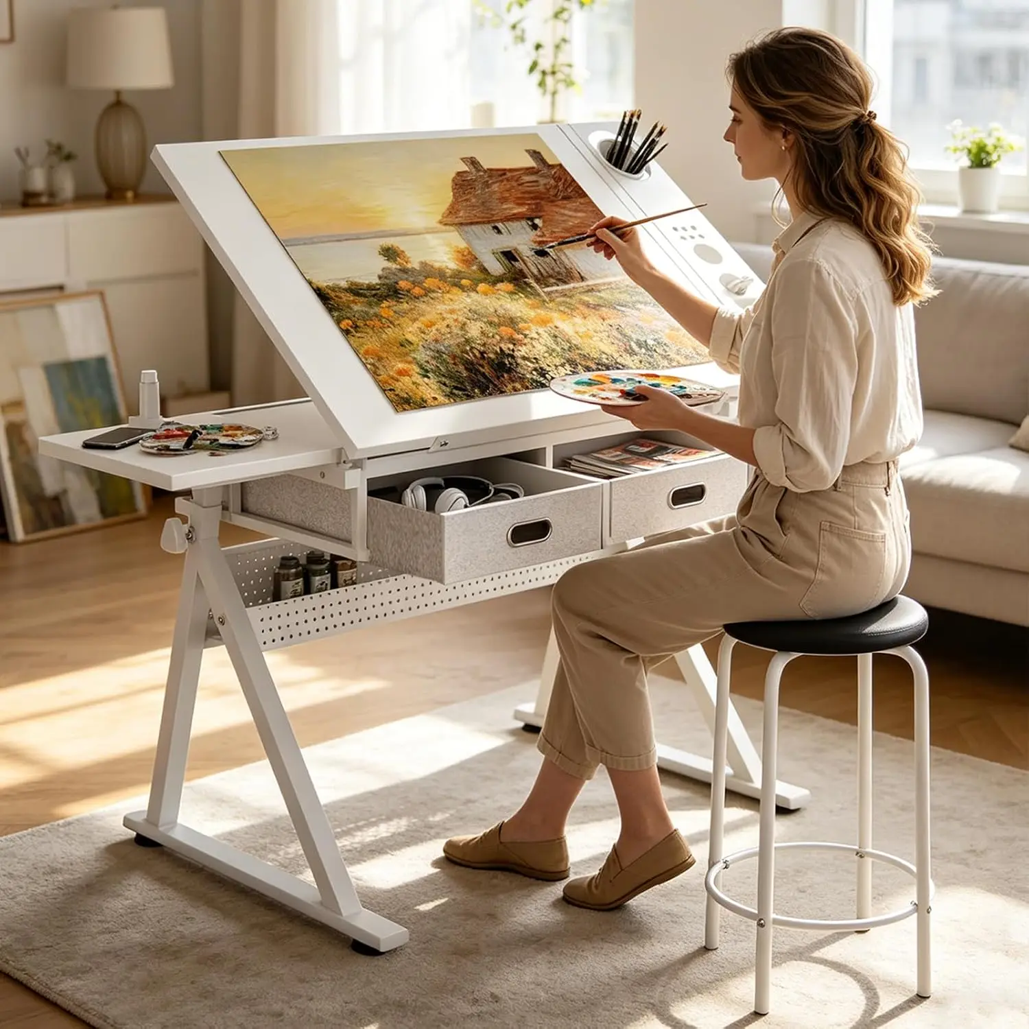 Height Adjustable Tilt White Drafting Table with 2 Storage Drawers & Stool
