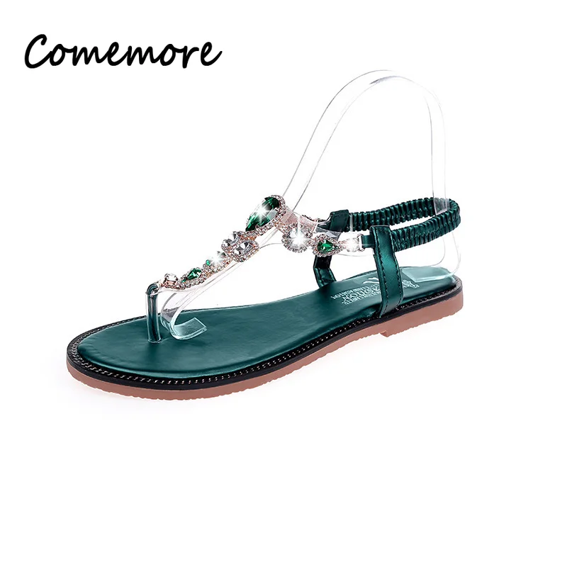 Comemore Summer Shoe Women Comfortable Flat Thong Sandals Casual Ladies Shoes Green Slip on Sandal with Rhinestones Flip-flops