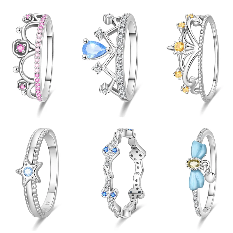 

Кольца, оригинальные кольца из стерлингового серебра 925 пробы, синий блестящий циркон, размер 7-9, розовые кольца с короной принцессы для женщин, ювелирные изделия, подарки на день рождения