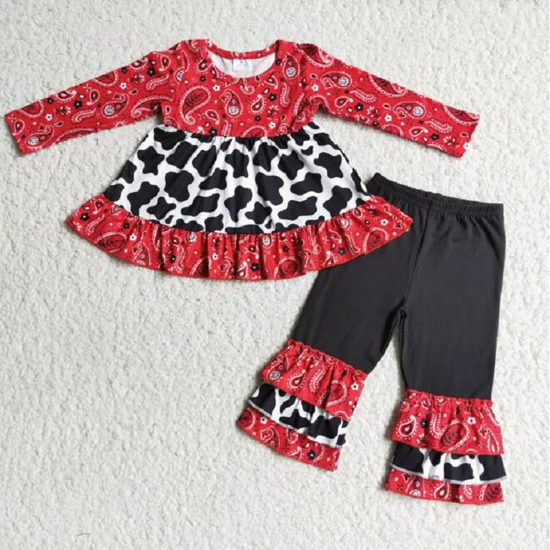 

New Spring And Autumn Fashion Red Top And Black Ruffled Trousers Boutique Baby Girls Children Clothing Outfits