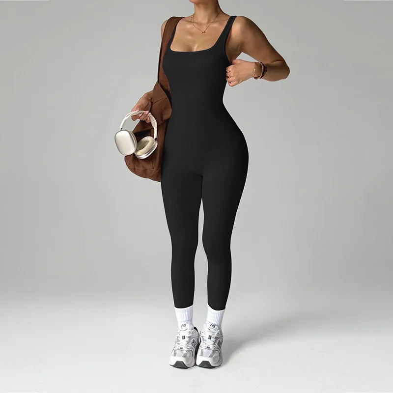 Women's One Piece Fitness Jumpsuits Seamless Slim Tracksuit High Elastic Gym Workout Bodysuit Ribbed Knited Hip Lift Jumpsuits