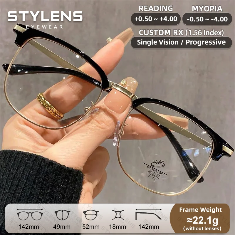 STYLENS Fashion Browline Reading Glasses Women Men Anti Blue Ray Business Myopia Prescription Glasses Custom Progressive Eyewear
