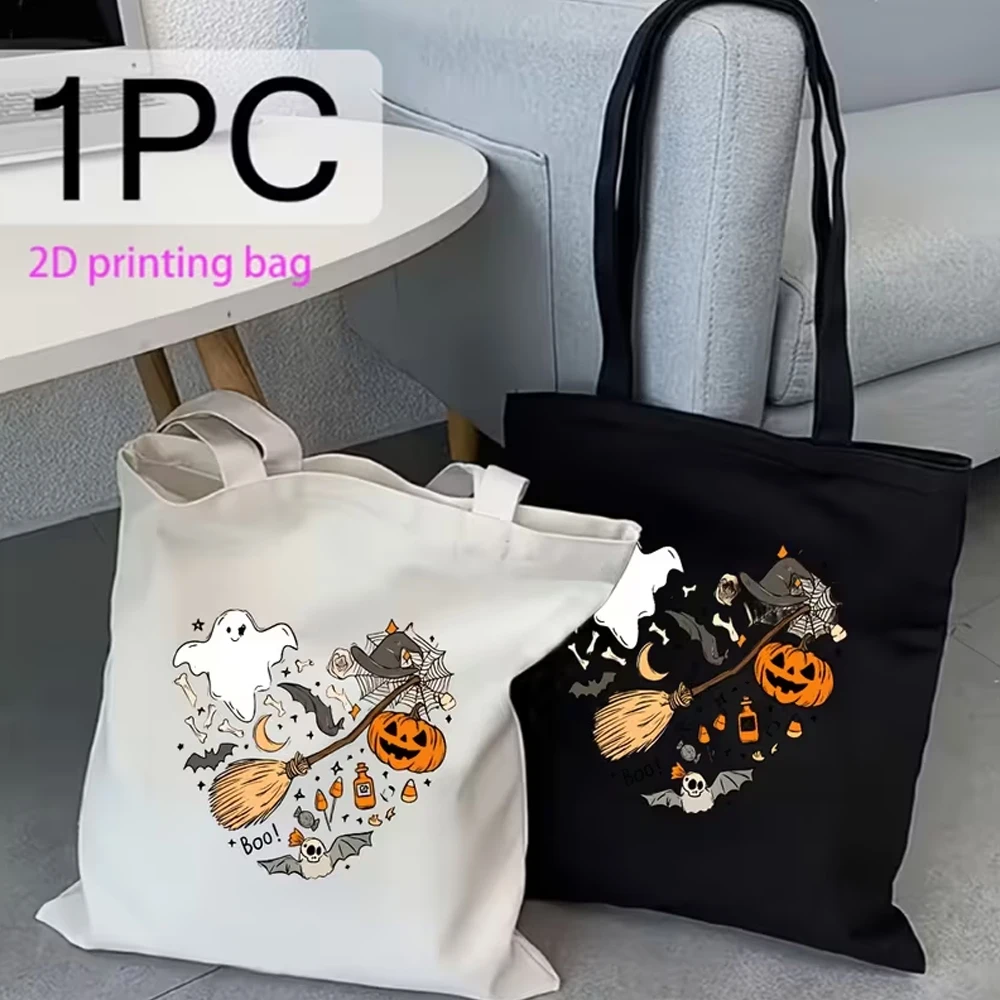 1 Reusable Shopping Bag with Halloween Ghost, Pumpkin, and Witch Broom Prints, Halloween Season Canvas Tote Bag, Whimsical Shoulder Bag for Halloween, Perfect Gift for Halloween Fans, Autumn Enthusiasts, Shoppers, Daily Use, Groceries, Travel, and Work