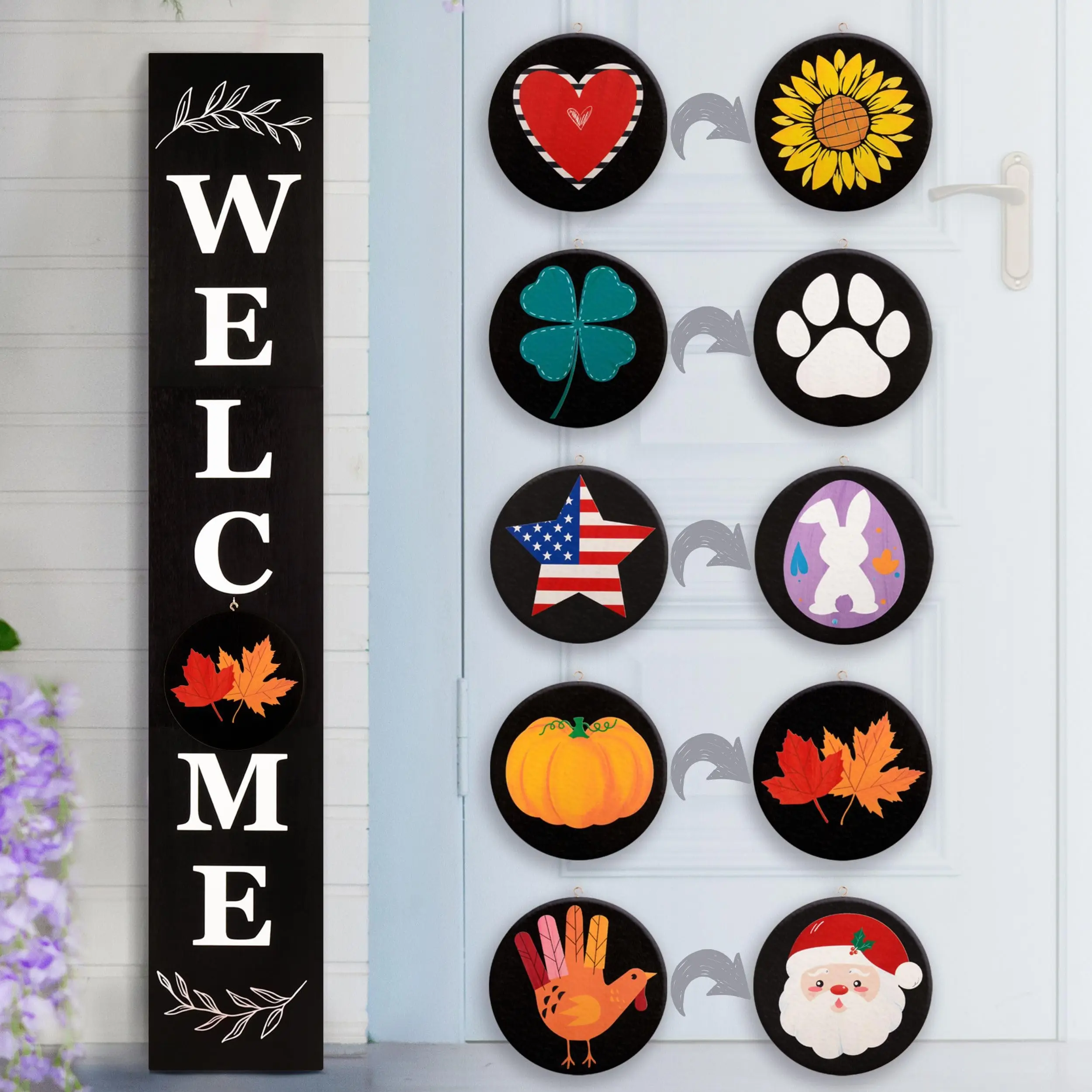 Perfnique Welcome sign for front porch standing, 47 x 7.9 Inch Wooden Leaner Sign with 10 Interchangeable Designed Icons, Seasonal Decor for Spring Easter Fall Christmas(Black)