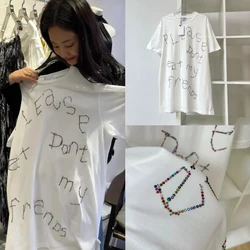 Firmranch 2024 Korean Jennie Color Diamond/ Rhinestone Summer Short-sleeved T-shirts For Women Rould Collar Loose White Tees