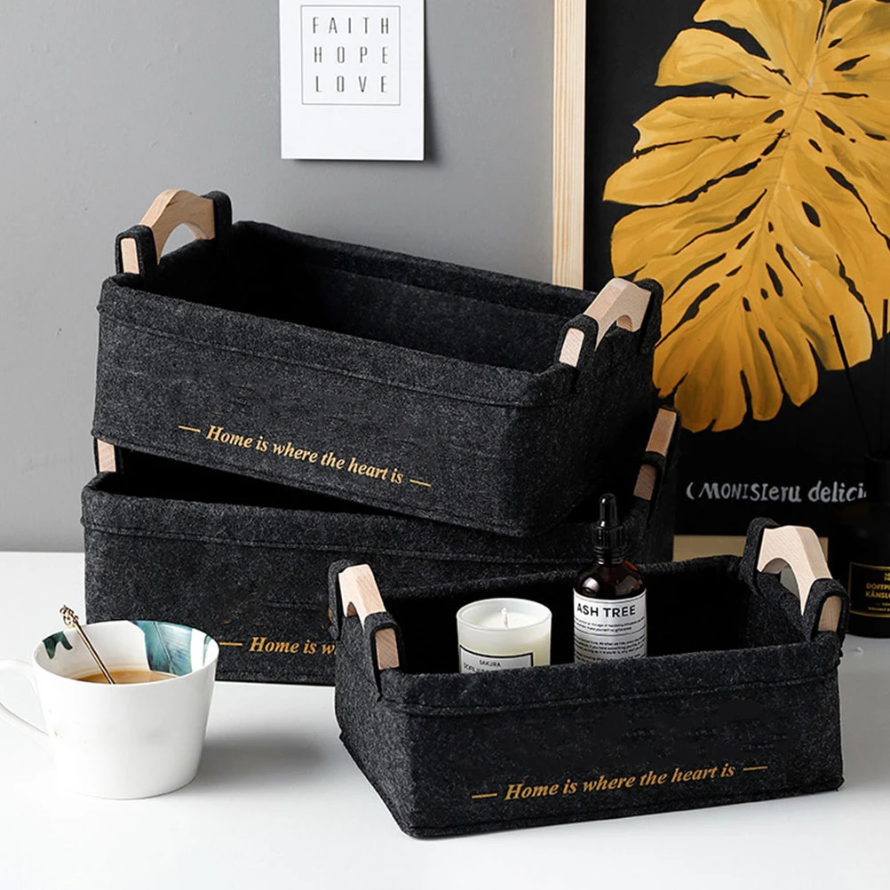 

3pcs Bedside Storage Foldable Cloth Large Capacity Black Storage For Bedroom Kitchen Bathroom Office Use Felt Material Easy To