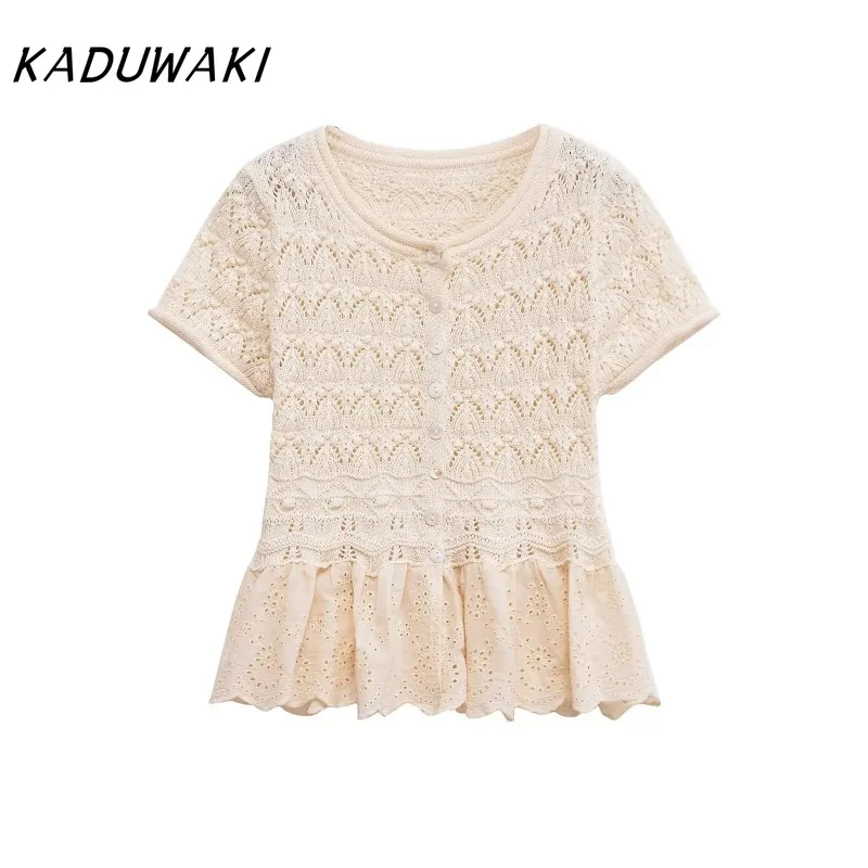 

KADUWAKI Japan Y2k Round Neck Short Sleeved Vintage 2000s Style Top Versatile Embroidery Splicing Hook Flower Hollow Knitted Top