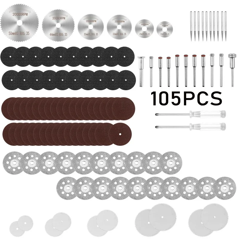 

105 шт. набор отрезных кругов для вращающегося инструмента HSS дисковые пилы Алмазные, дерево, стекло, пластик, металл, камень, набор сверл для резки