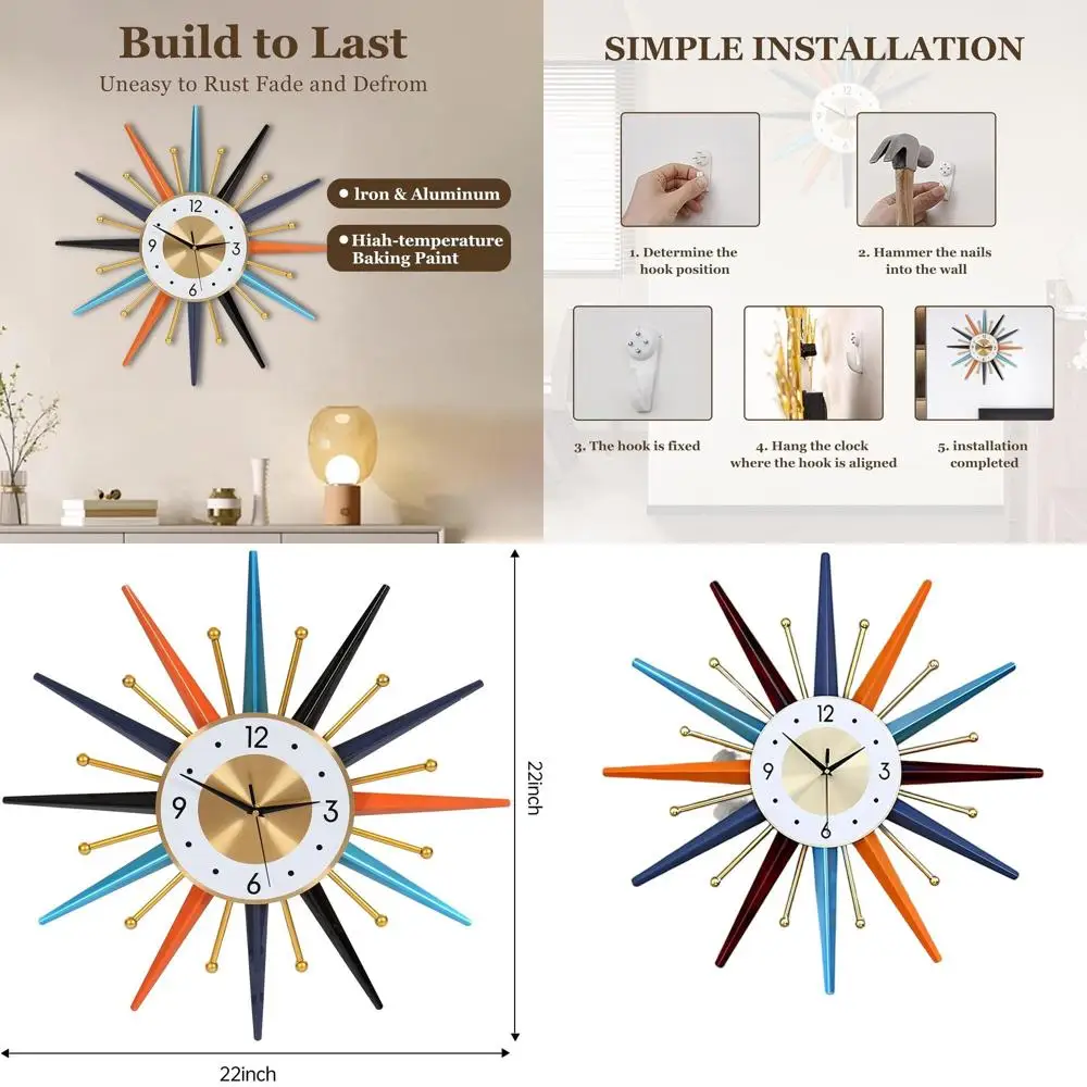 

Mid-Century 22 Starburst Wall Clock: Silent, Battery-Powered, Colorful Timepiece for Home & Office