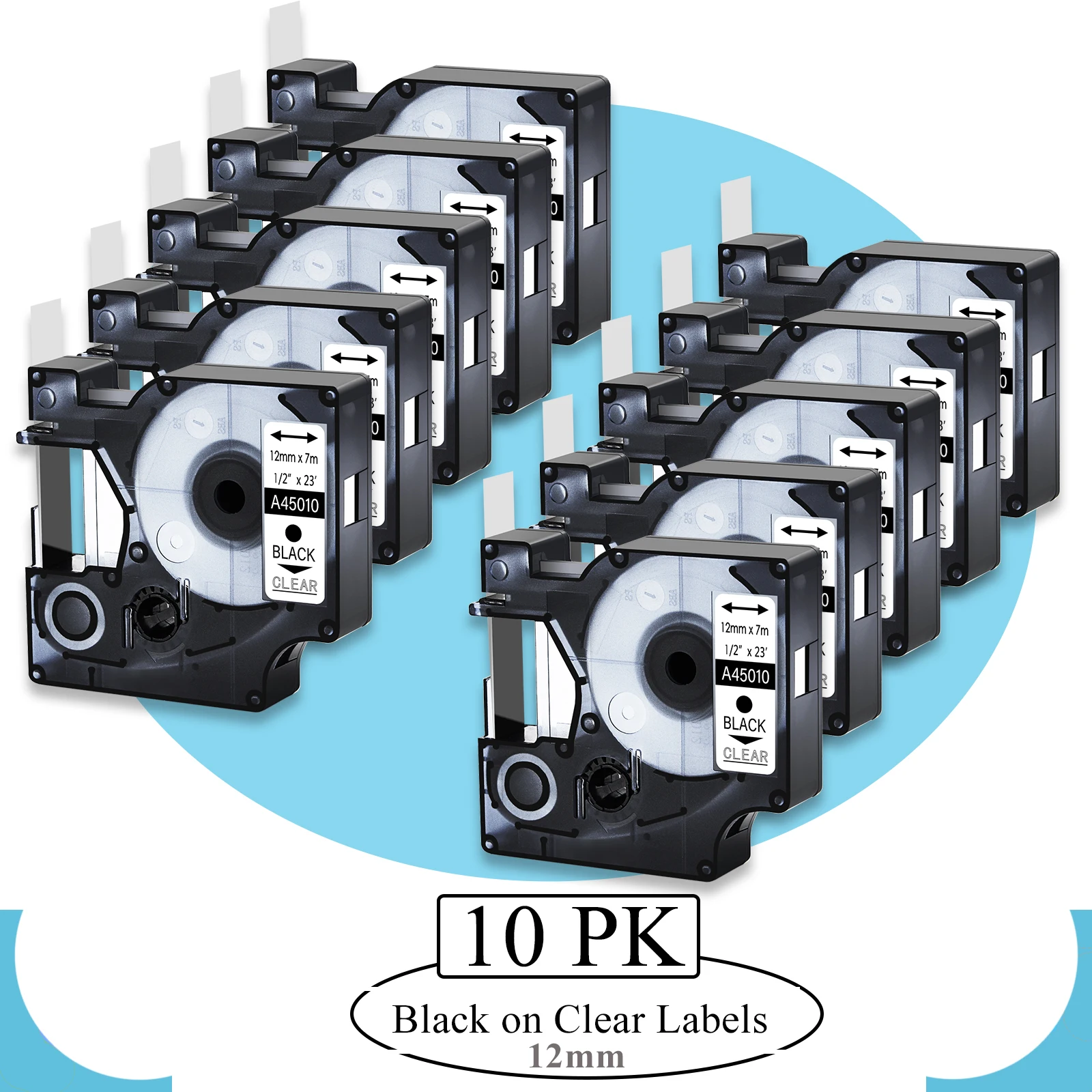 10PK Black on Clear Label Compatible for Dymo D1 45010 1/2