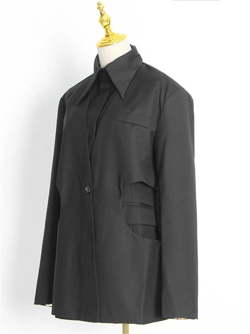 Trajes negros para mujer, chaqueta Formal de oficina, ropa de trabajo de negocios, abrigo con Cuello de camisa, traje de otoño, 1 pieza