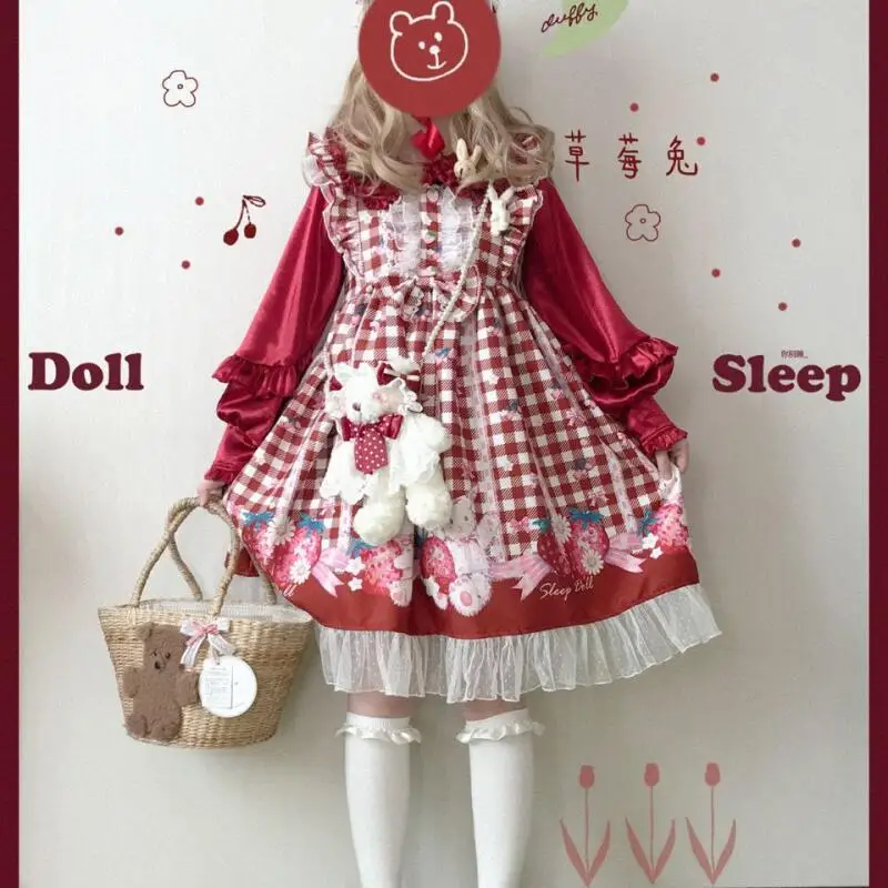 Japońska sukienka Kawaii Lolita dla dziewczynek, sukienki Jsk z motywem truskawkowego króliczka, damskie sukienki Harajuku bez rękawów, urocza spódnica księżniczki, kostium do cosplayu