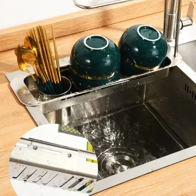 Sleek Design, Expandable Stainless Steel Kitchen Sink Organizer - Dish Draining Rack with Sponge Holder, Fits All Sinks view 5